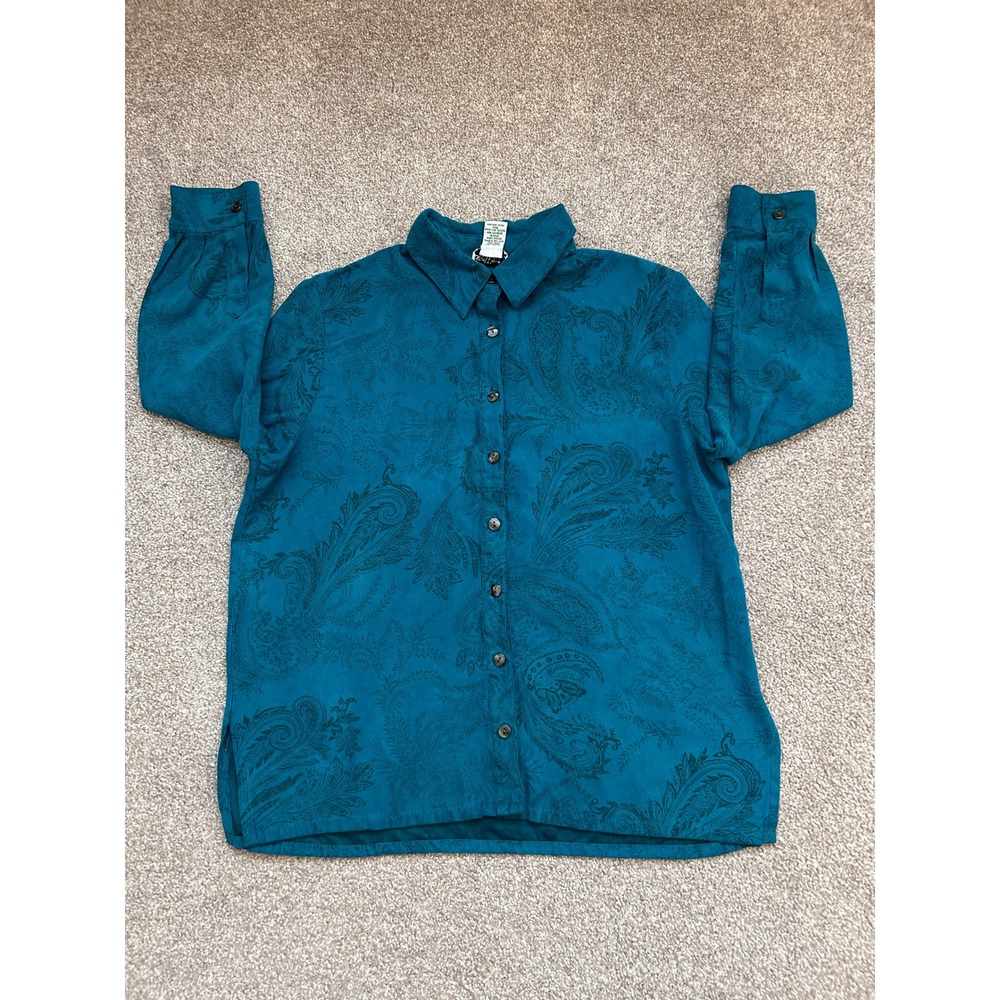 BonWorth Blouse Womens XS-Petite Teal Excellent Paisley Button Front Long Sleeve